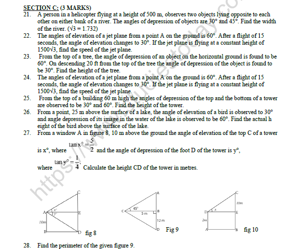 CBSE Class 10 Mathematics Application of Trignometry Worksheet Set C